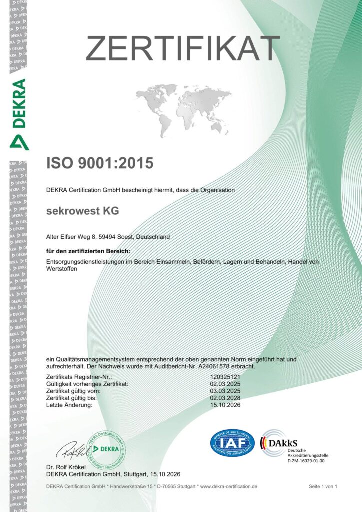 Zertifikat DEKRA Qualitätsmanagement